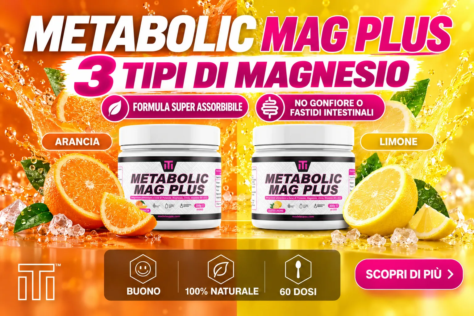 Metabolic Mag Plus, 3 tipi di magnesio, gusto arancia e limone